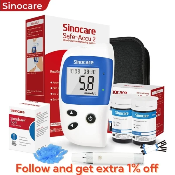 Medidor de glucosa en sangre Sinocare Safe Accu2, kit de prueba de azúcar en sangre, glucómetro para el hogar para la diabetes con 50 tiras o solo tiras.